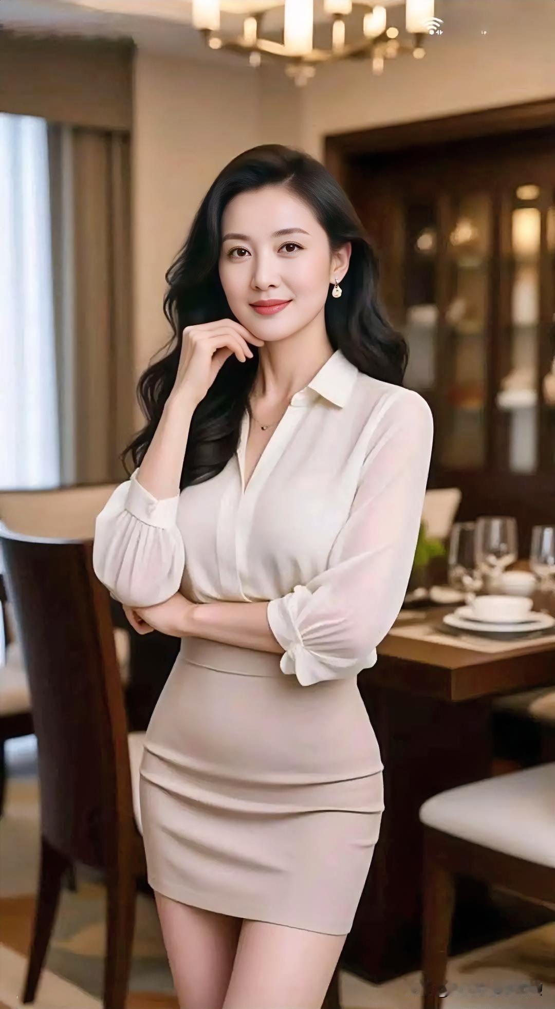 美不美你说了算💞💞米白衬衫叠搭浅咖短裙，柔光勾勒曼妙身姿。优雅姿态，尽显都市