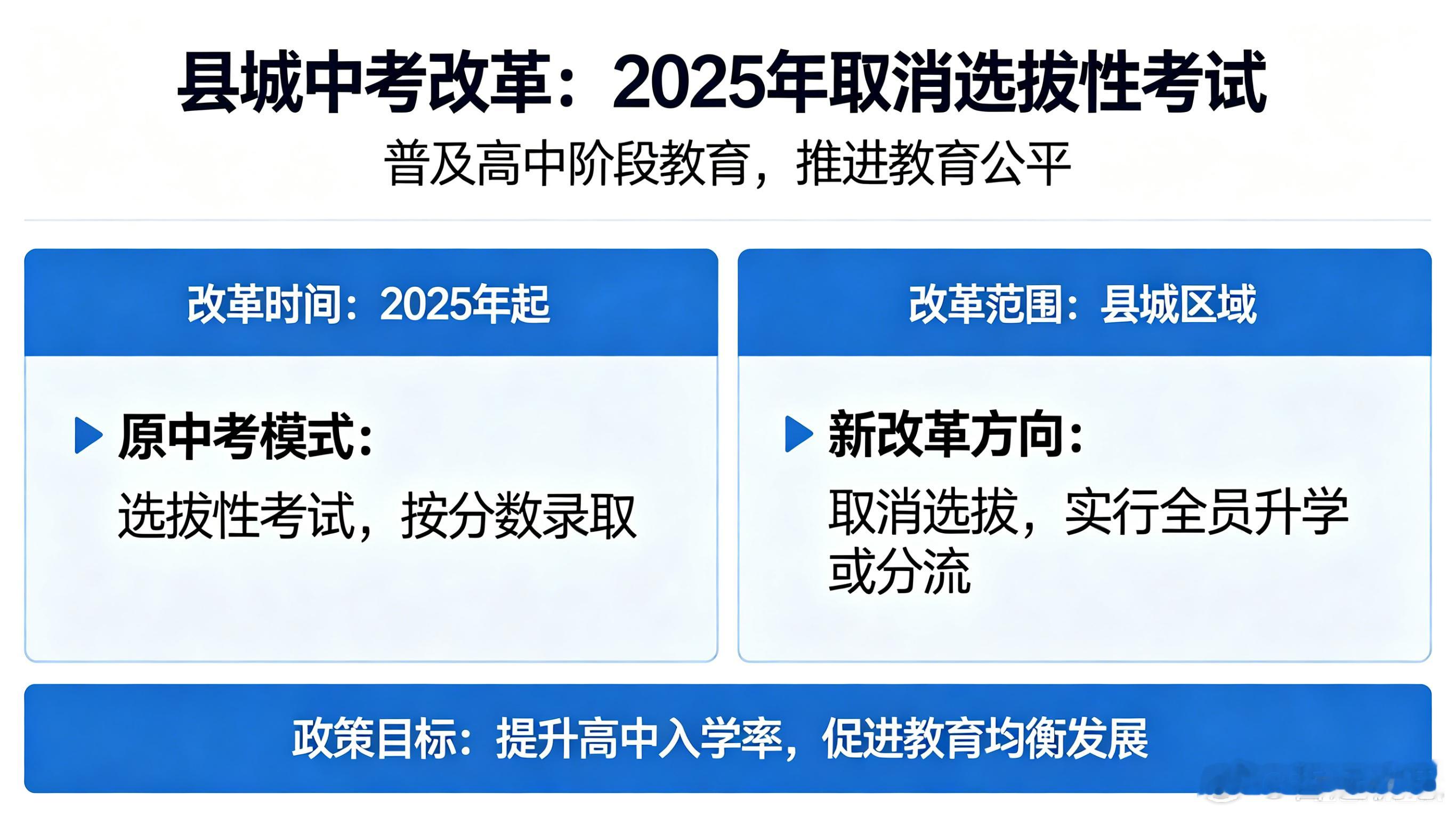 取消中考选拔县城2025年开始改革2025年起，浙江嵊泗县率先打破传统升学壁垒