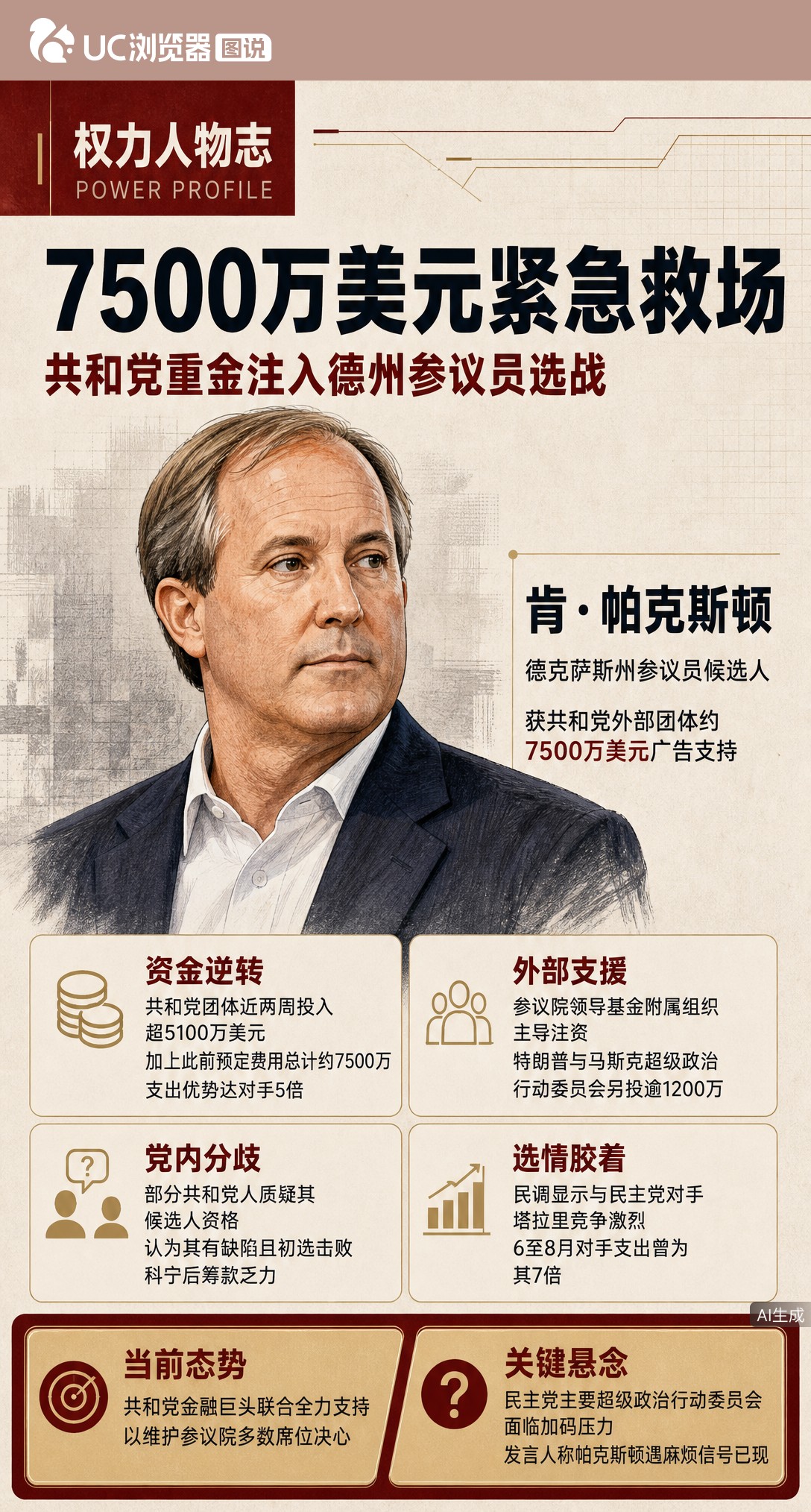 德州参议员选情告急，共和党两周砸7500万救场帕克斯顿。此前嫌他有缺陷不愿投，如今为保参议院多数席位