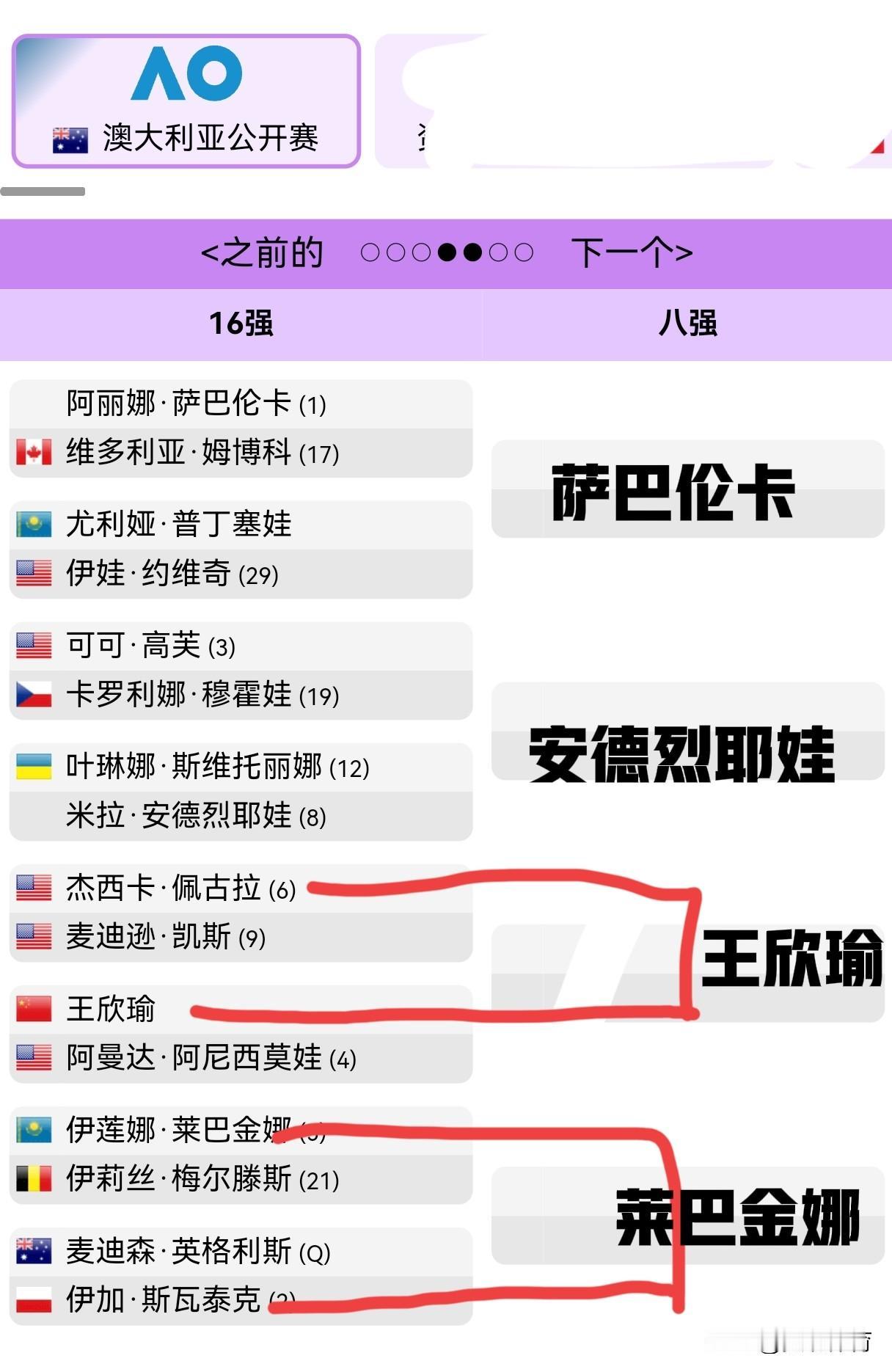 女单16强对阵图，王欣瑜晋级四强路径上半区：阿丽娜·萨巴伦卡(1)维多