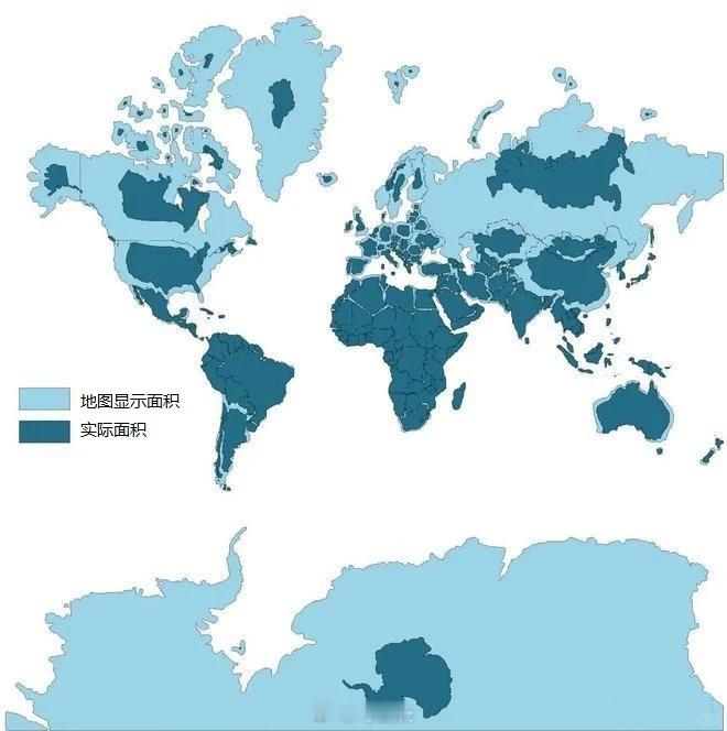 各国在世界地图和真实大小之对比图。世界地图基本是用墨卡托投影法制作，优点是能够保