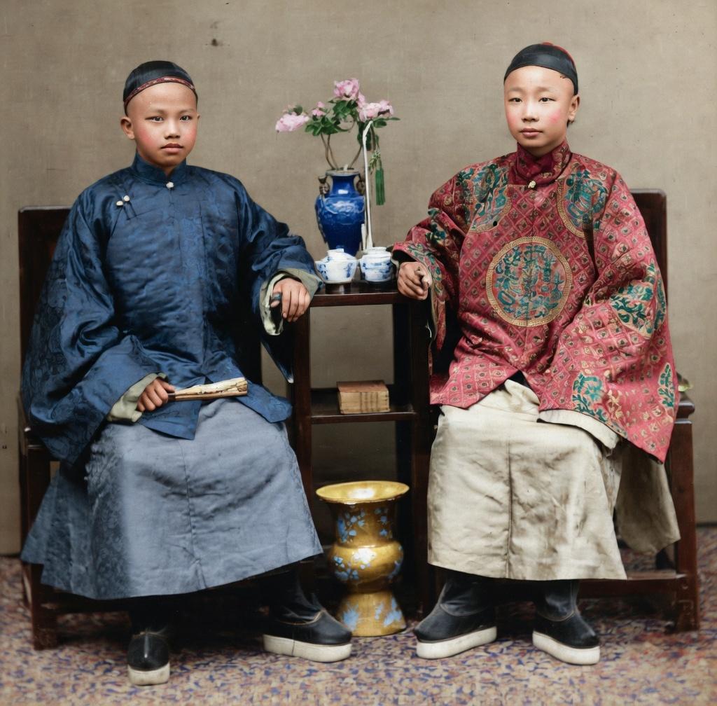 晚清，两位出身显赫的少年在照相馆的合影，照片中的两位少年，从服饰和气质判断，无疑