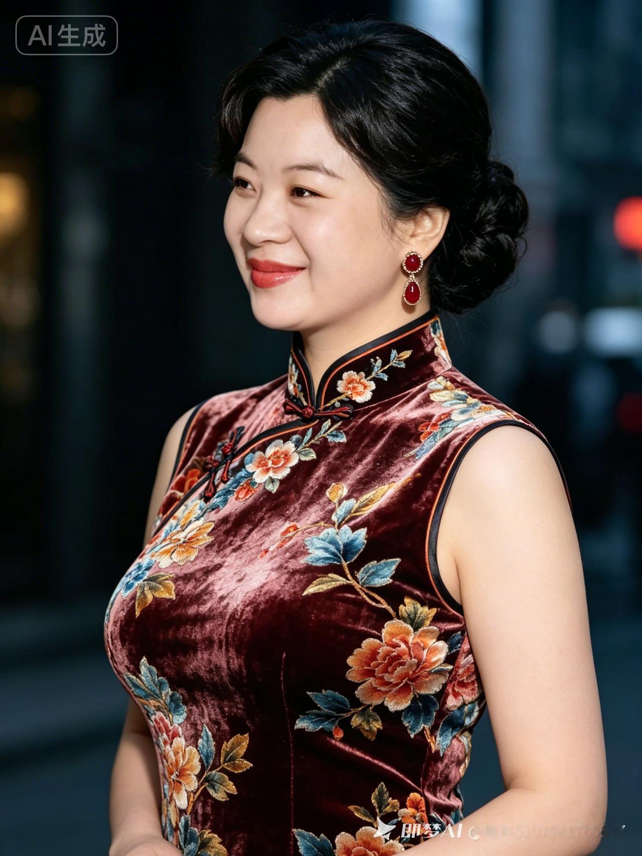 这位女士穿着漂亮的花旗袍。