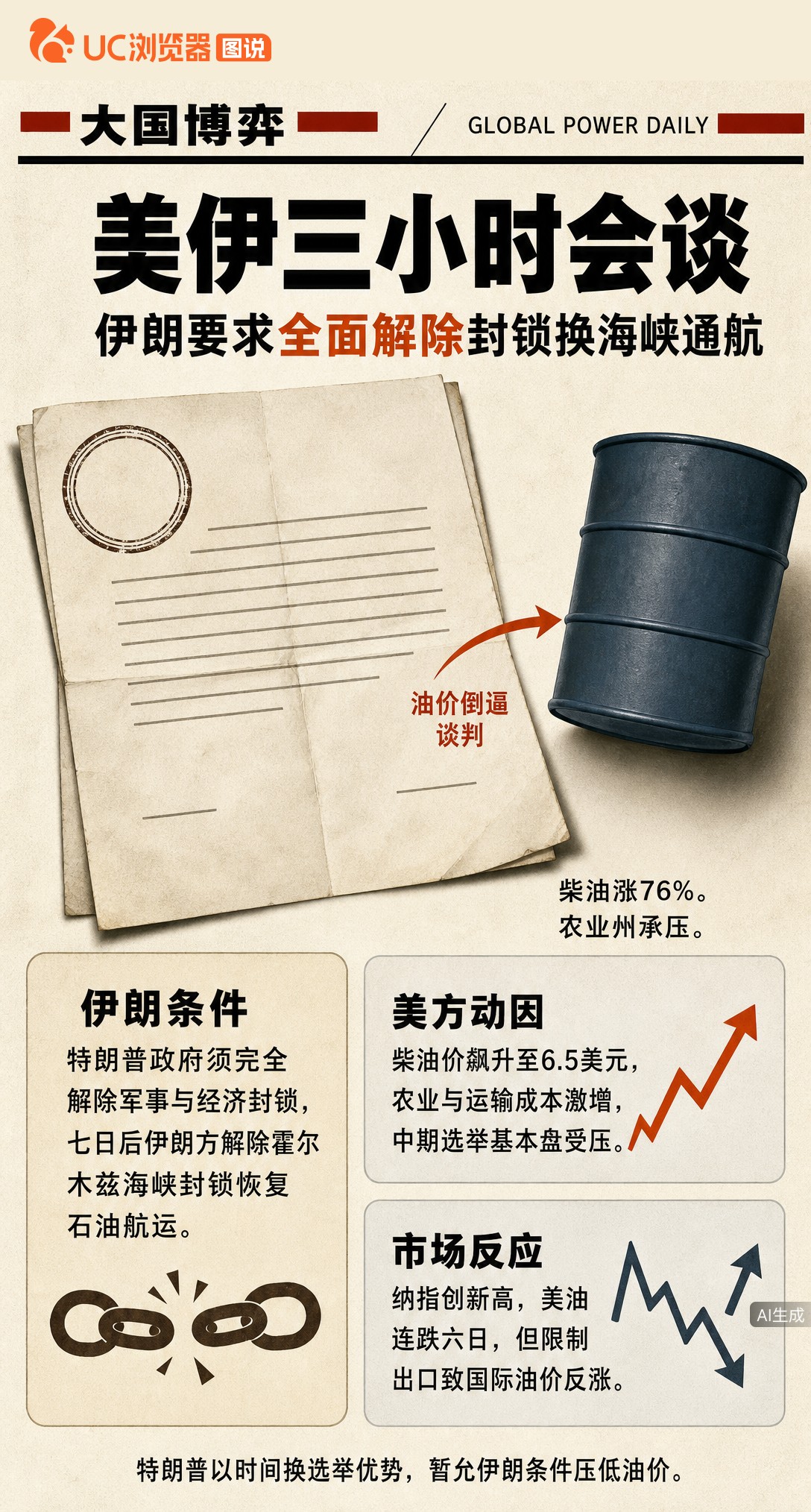 特朗普刚放话要摧毁伊朗，不到72小时又谈了3小时。美媒曝这是为压油价，但伊朗要求全面解封才放海峡，谈