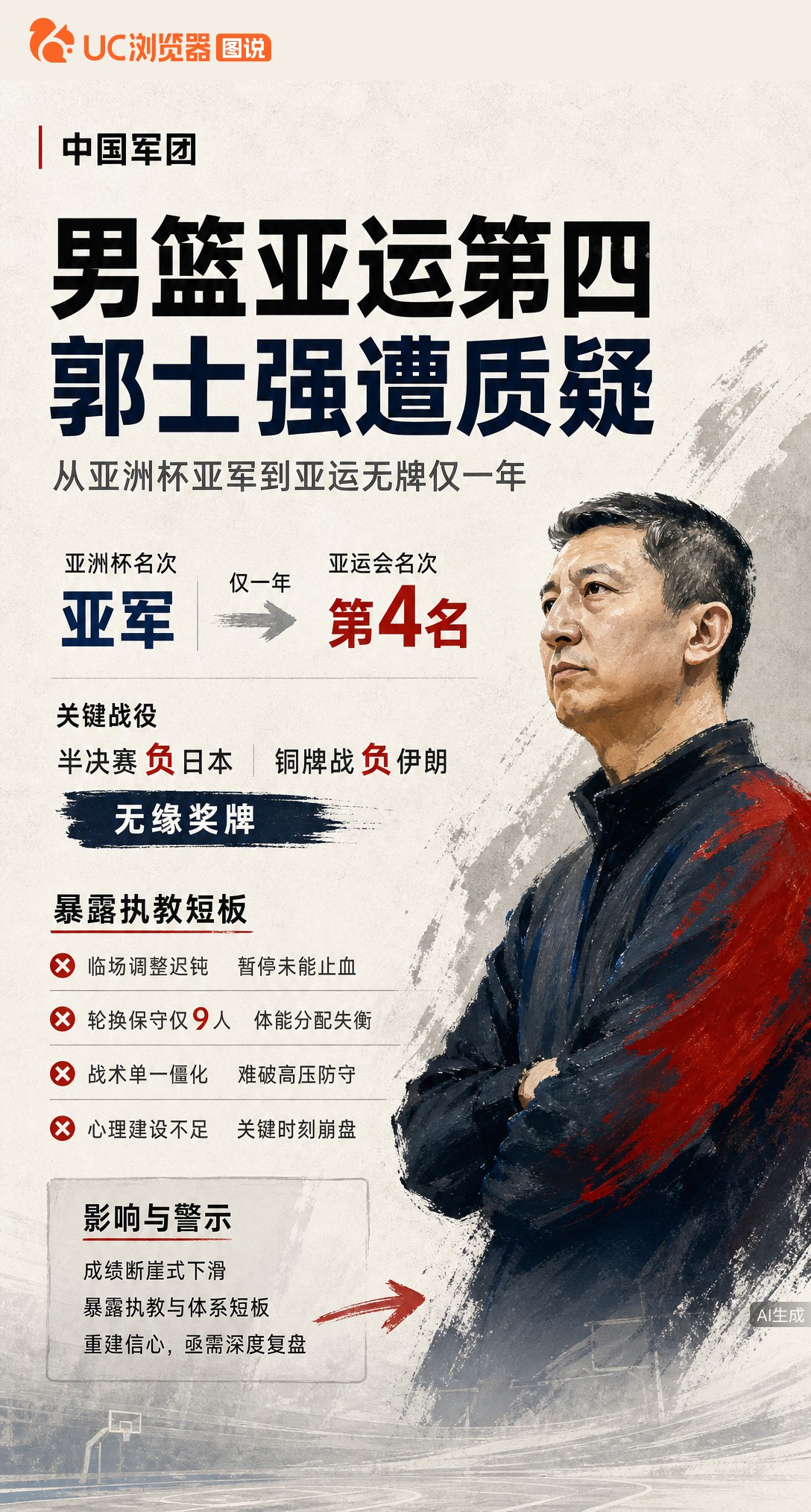 从亚洲杯亚军到亚运第四，中国男篮一年断崖下滑。半决赛负日本、铜牌战输伊朗，轮换仅9人致体能失衡，战术