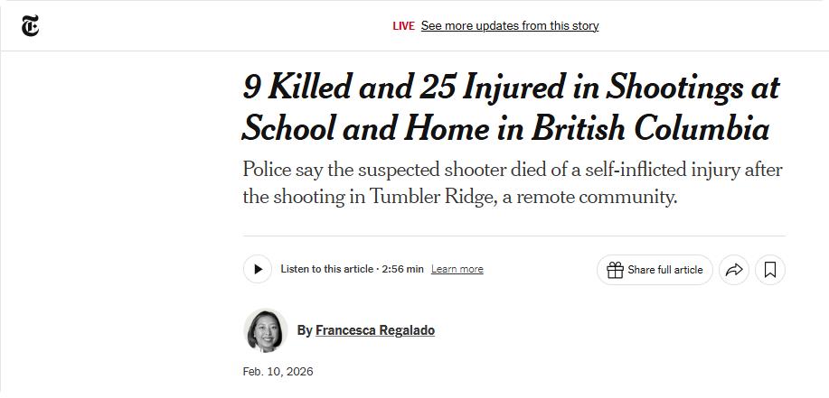 加拿大突然染上了美国的病。本周二，卑诗省图姆布勒里奇高中校园枪击案目前已经有