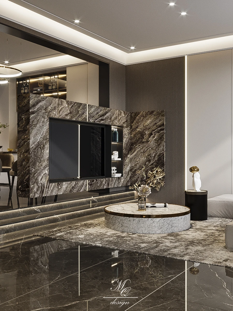 现代风别墅叠级客餐厅设计 悬浮电视背景墙