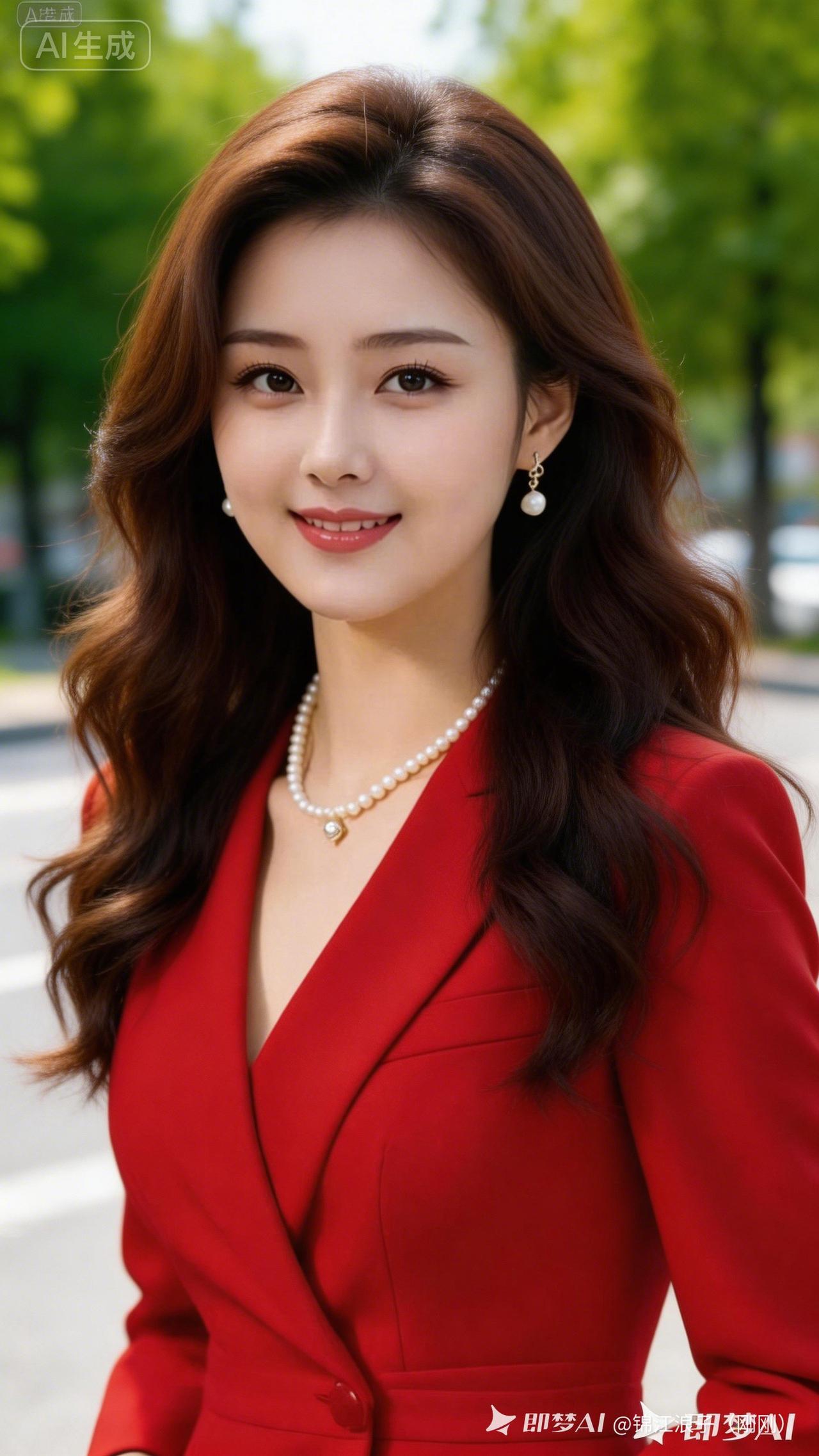 优雅红衣少女，珍珠项链点缀，自信微笑，元气满满！🌟✨