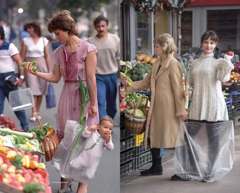 图一：1987年，一对母女在布达佩斯市场；图二：2020年，同一对母女再