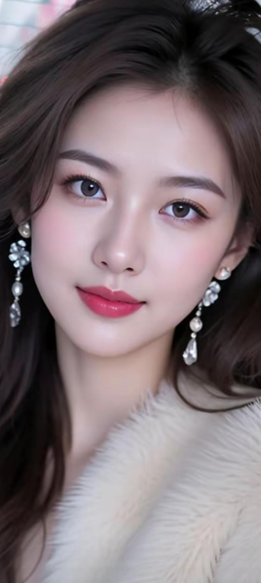 冬日里的温暖微笑，粉嫩唇妆与闪亮耳环的完美搭配。