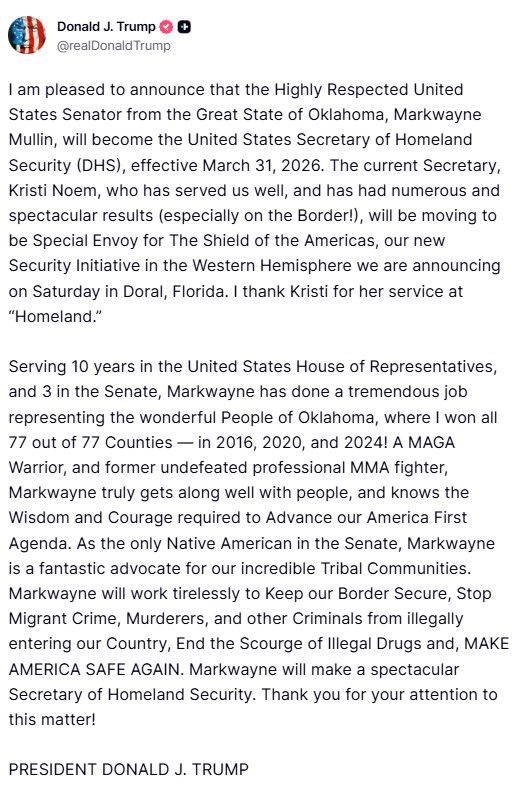 🔻特朗普宣布：“我很高兴宣布，来自俄克拉荷马州备受尊敬的美国参议员马克韦恩·穆