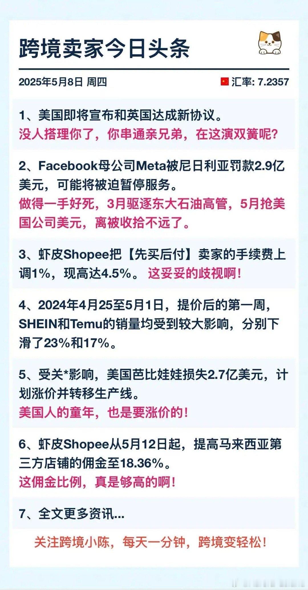 跨境电商今日⑩条：2025年5月8日1.美国即将宣布和英国达成新协议。没人搭理