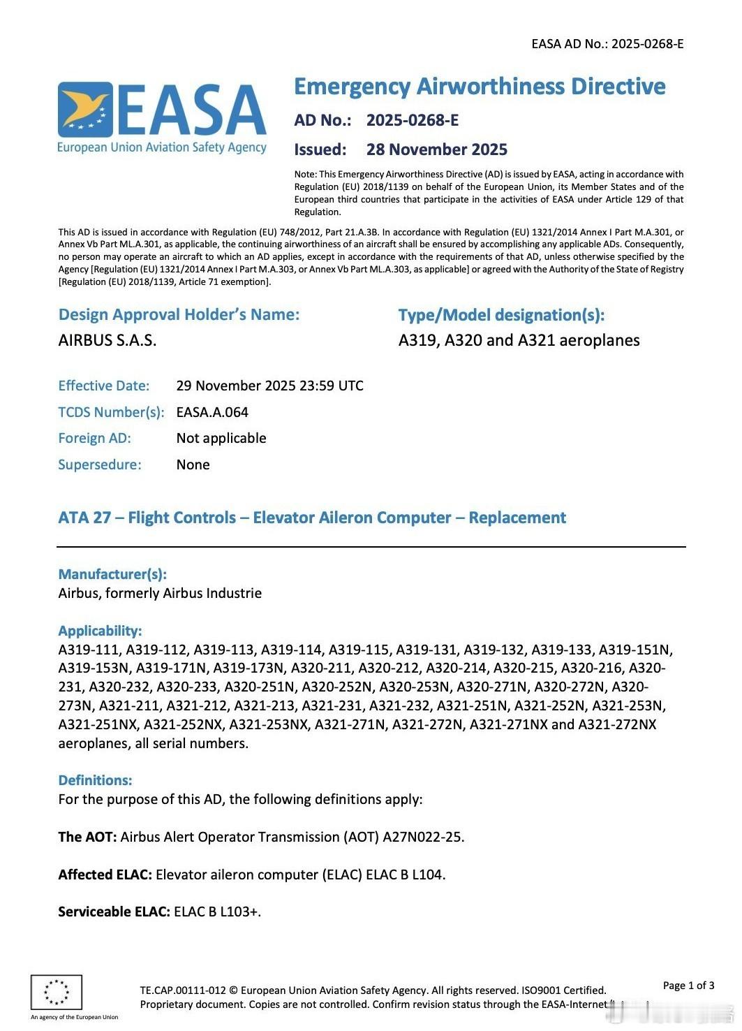欧洲航空安全局EASA针对A320系列飞机飞控系统的问题，然而能发现就不用太担心