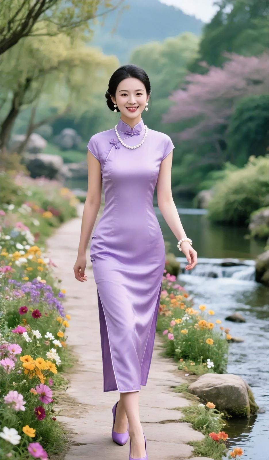 淡紫旗袍摇着光，珍珠串起笑语扬。花径溪声两相伴，山色温柔入衣裳。