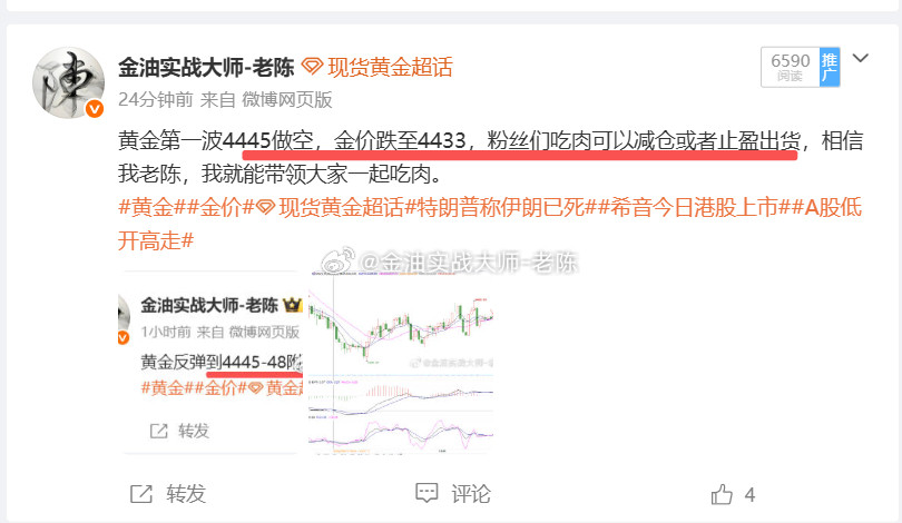 黄金4445做空，金价跌至4430全部止盈出货，我老陈喊单就是这么准，如果你目前