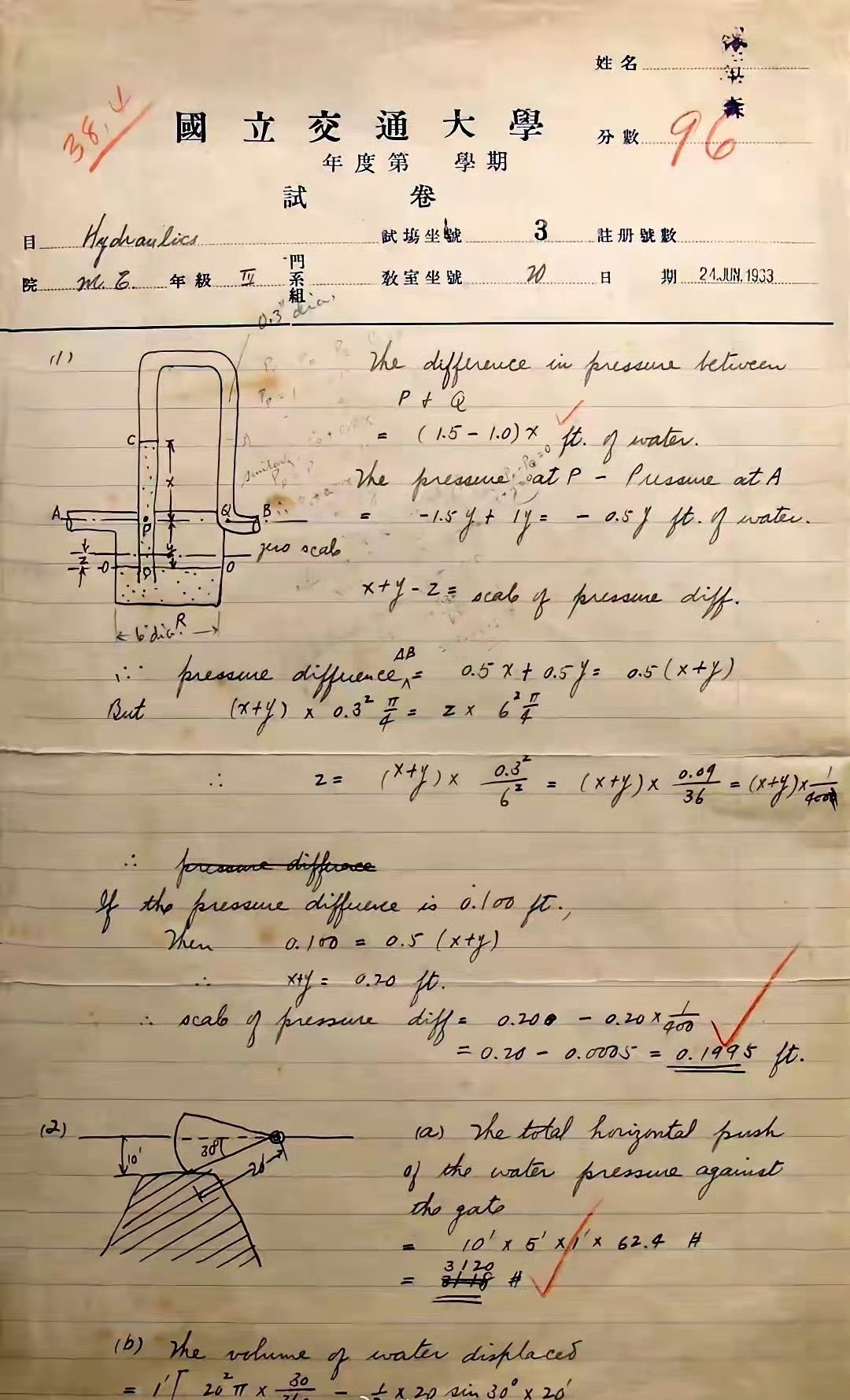 1933年，国立交通大学，一张老试卷流传出来：钱学森考了96分，全英文作答，字迹