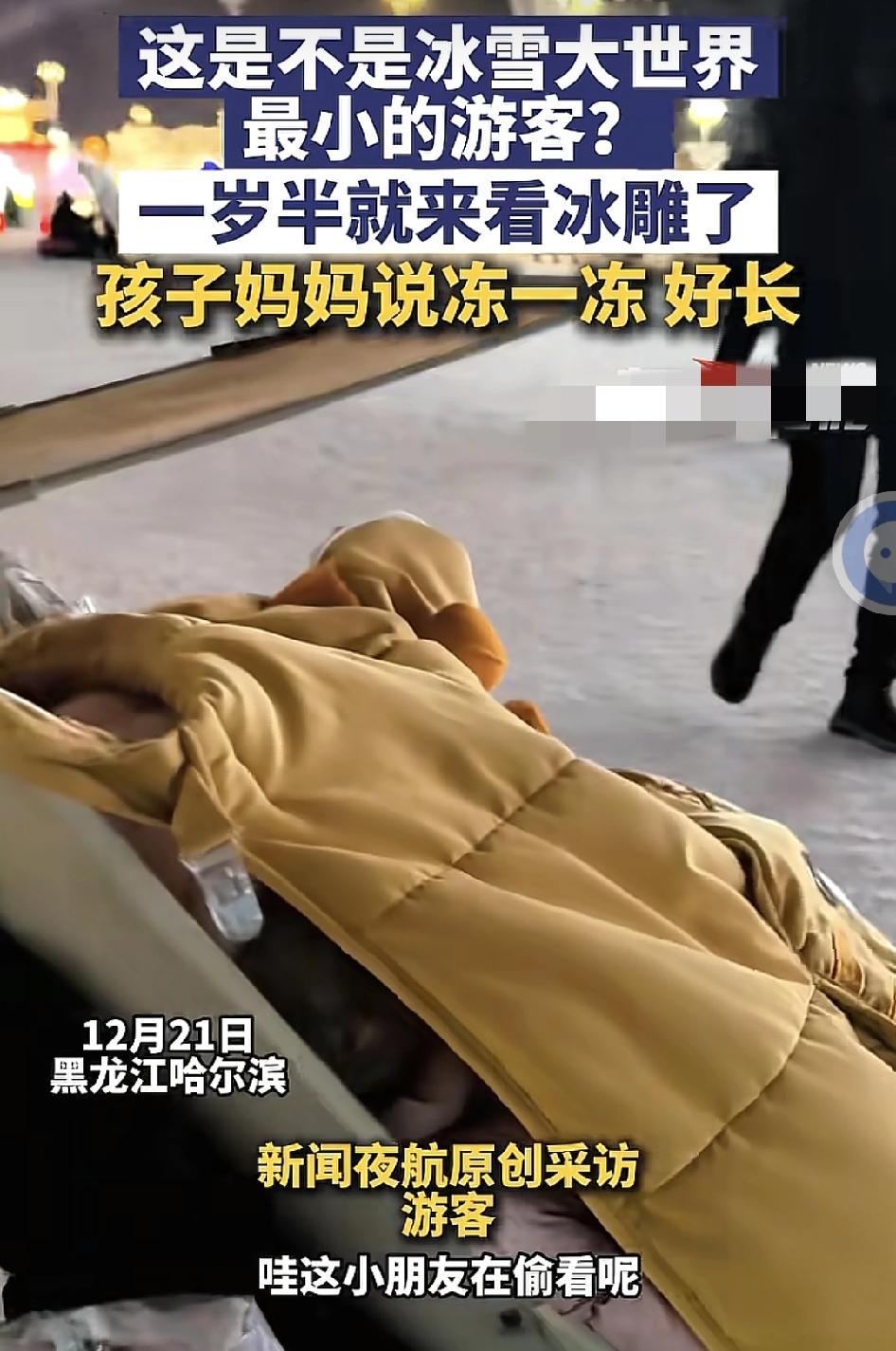 黑龙江哈尔滨冰雪大世界开园以来，吸引了全国各地的游客，其中一位家长带着一岁半的孩