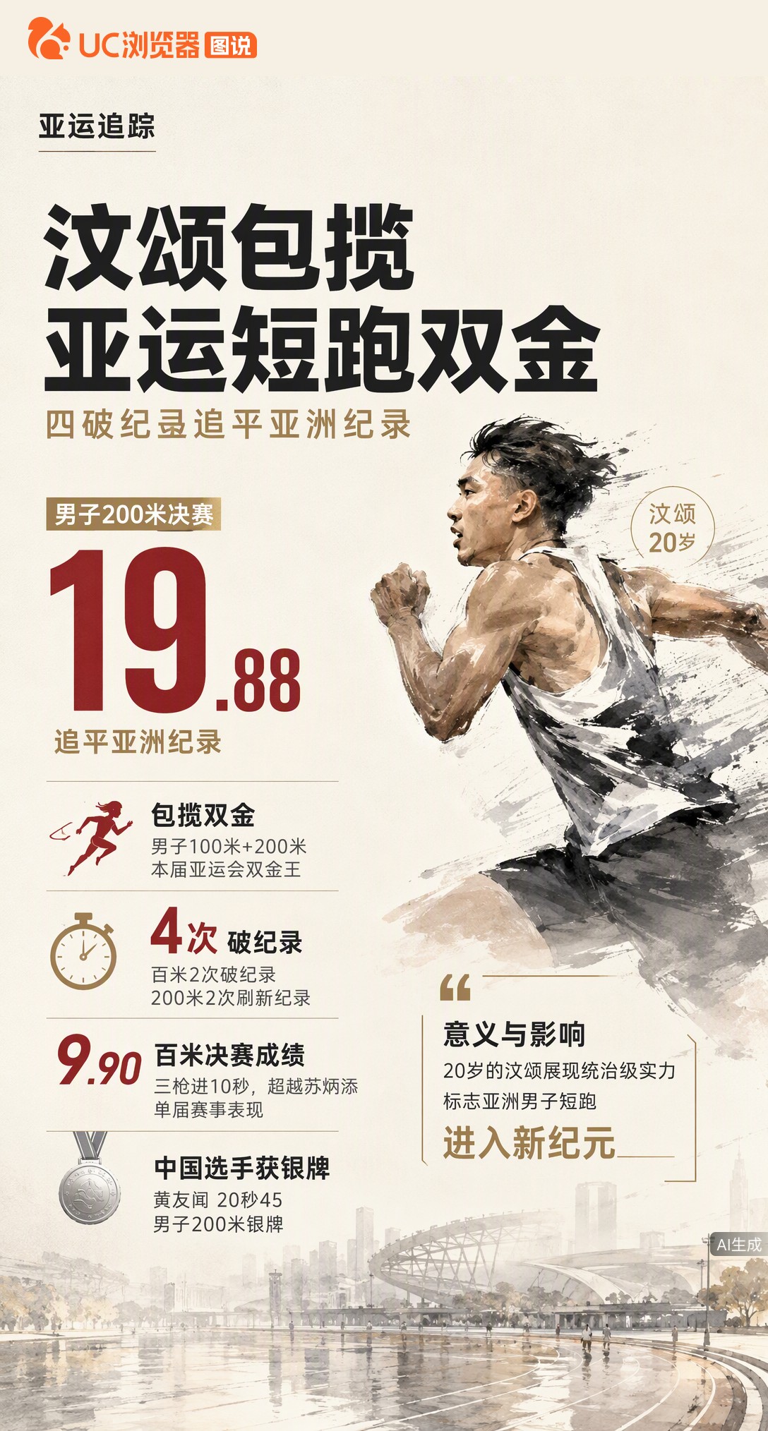 20岁汶颂19秒88追平亚洲纪录夺200米金牌，包揽亚运短跑双金！百米三枪全进10秒，四破赛会纪录，