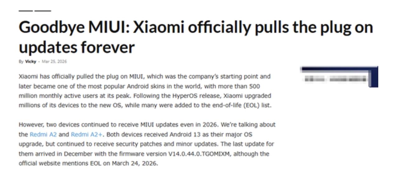小米正式终止MIUI系统更新：15年经典落幕3月25日，据报道，小