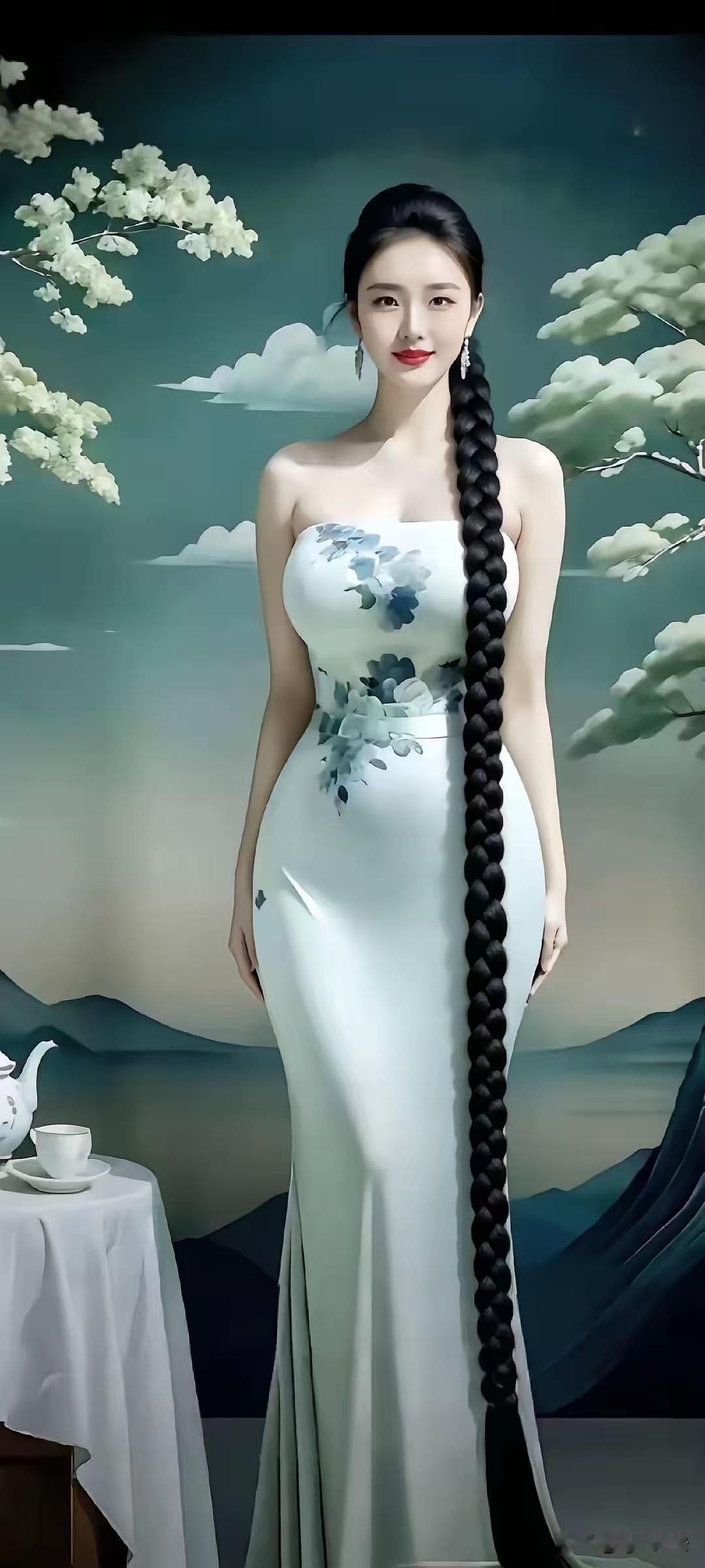 塞鸿秋·优美佳人长裙曳地风姿绰，娉婷袅娜尘间落。怡情山水烹茶酌，明眸皓齿