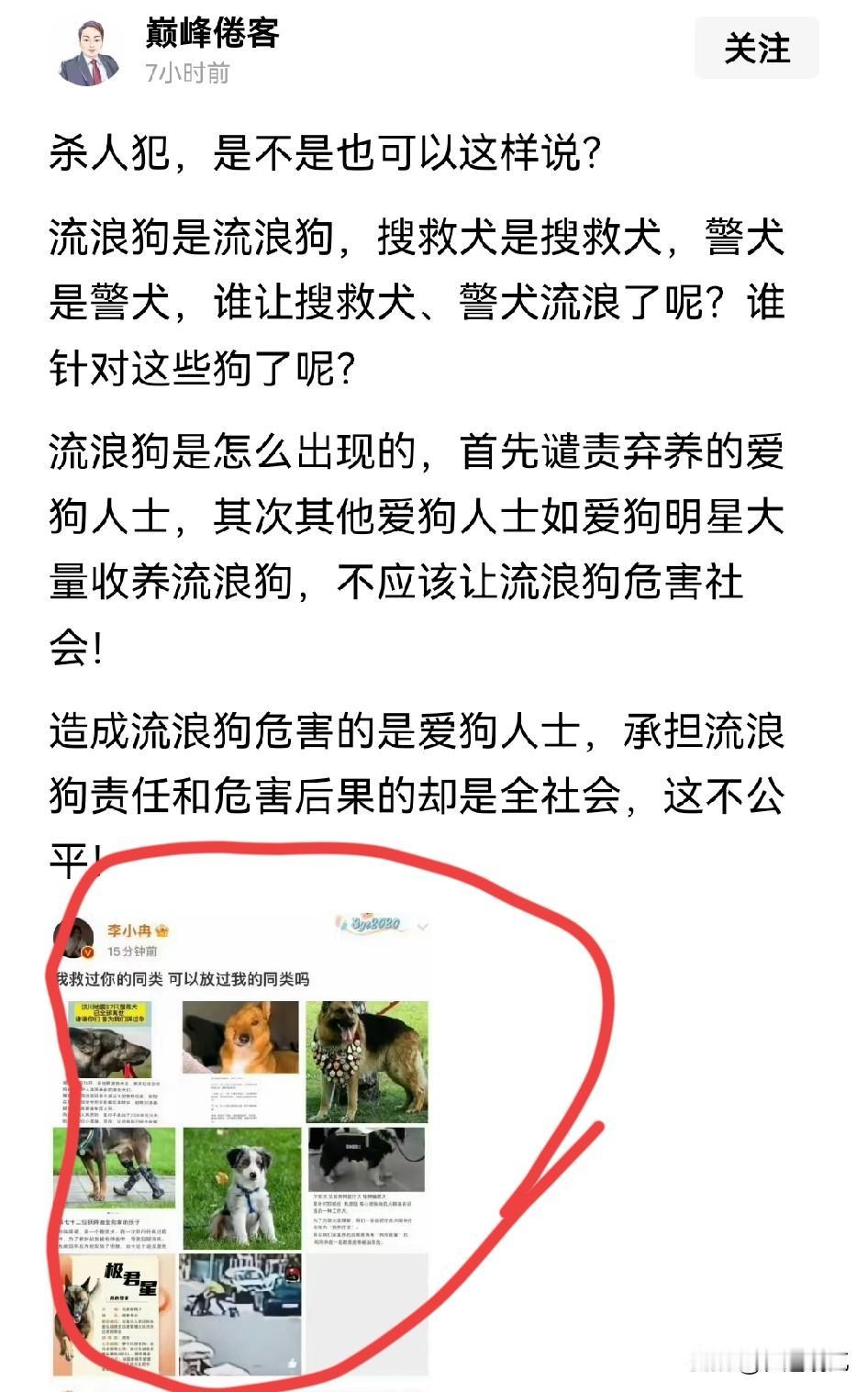 有大V谴责，别拿搜救犬警犬，替流浪狗的问题洗白！有明星站出来为流浪狗发声，说搜