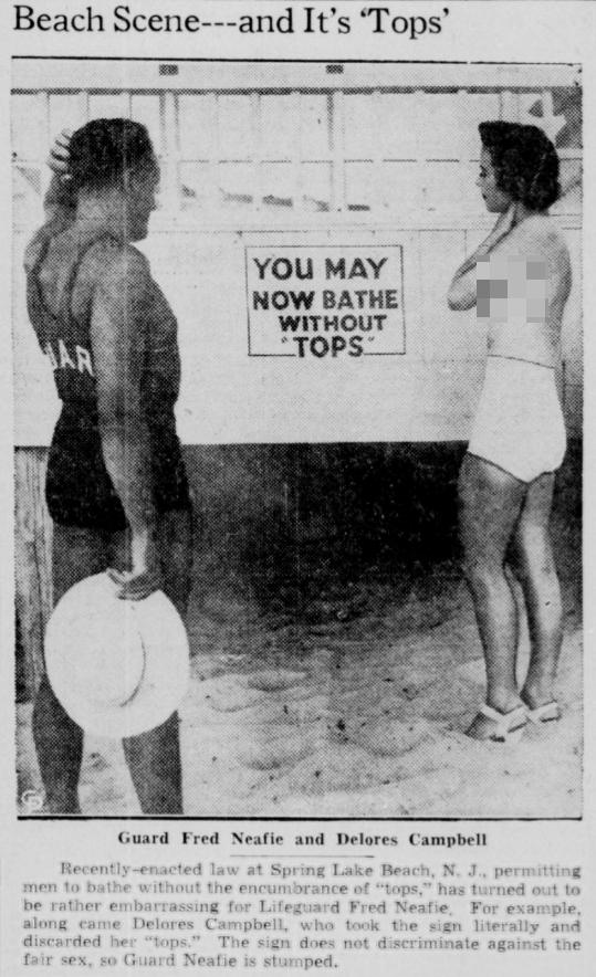 1939年夏天，在新泽西州的斯普林湖海滩，一位女士试图裸露上身晒日光浴，并指着一