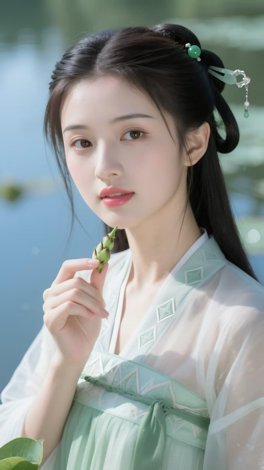 温柔古典，绿意盎然，古风少女与自然和谐共处。