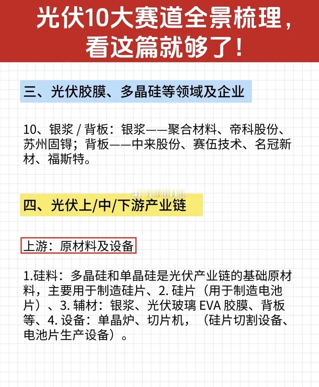 光伏10大赛道全景梳理，从上游硅料到下游应用，一文看懂全产业链！相关概念有组件、