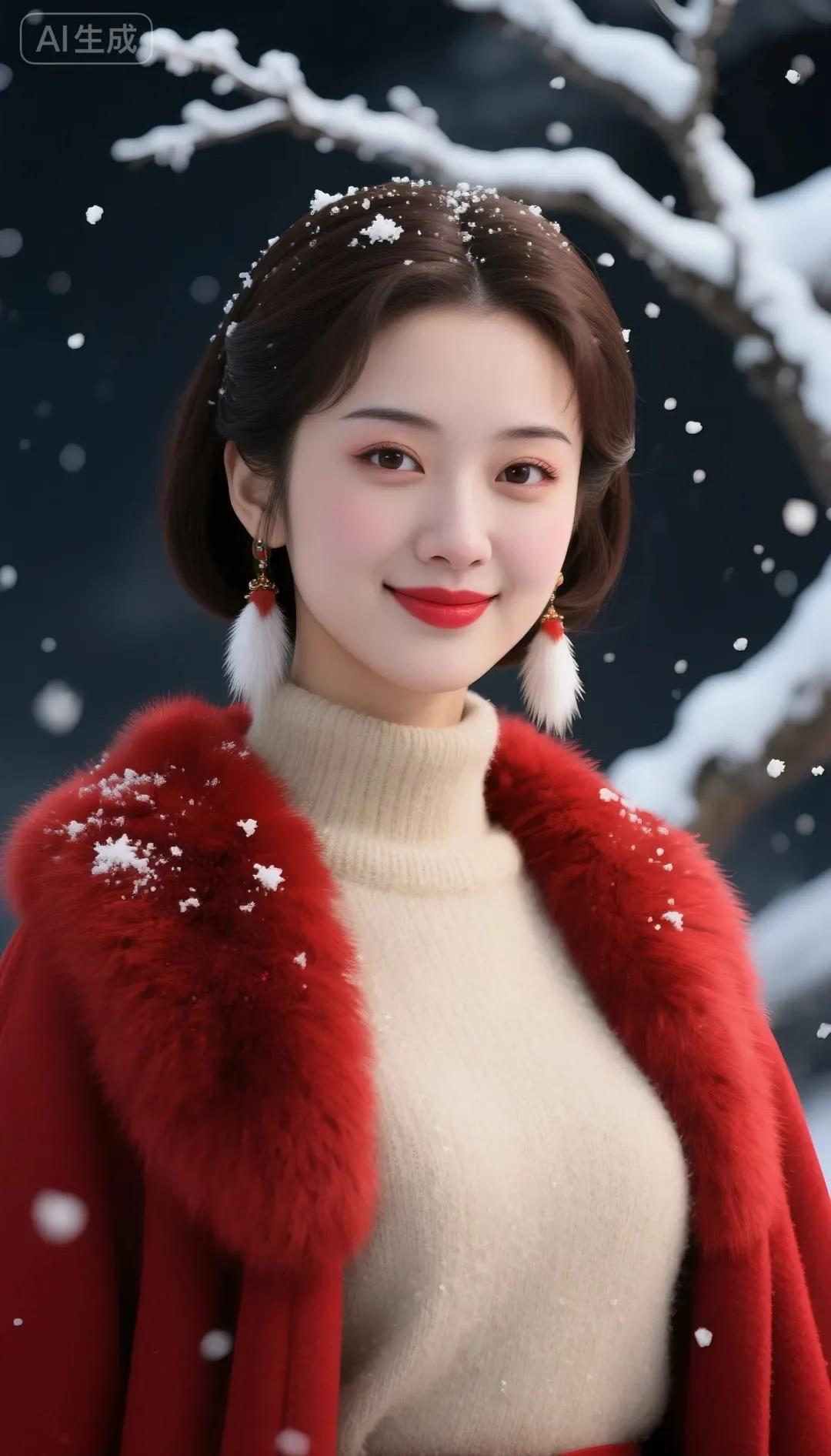 冬日暖阳下的甜美少女，红衣飘飘，雪花飞舞。🌨️💕