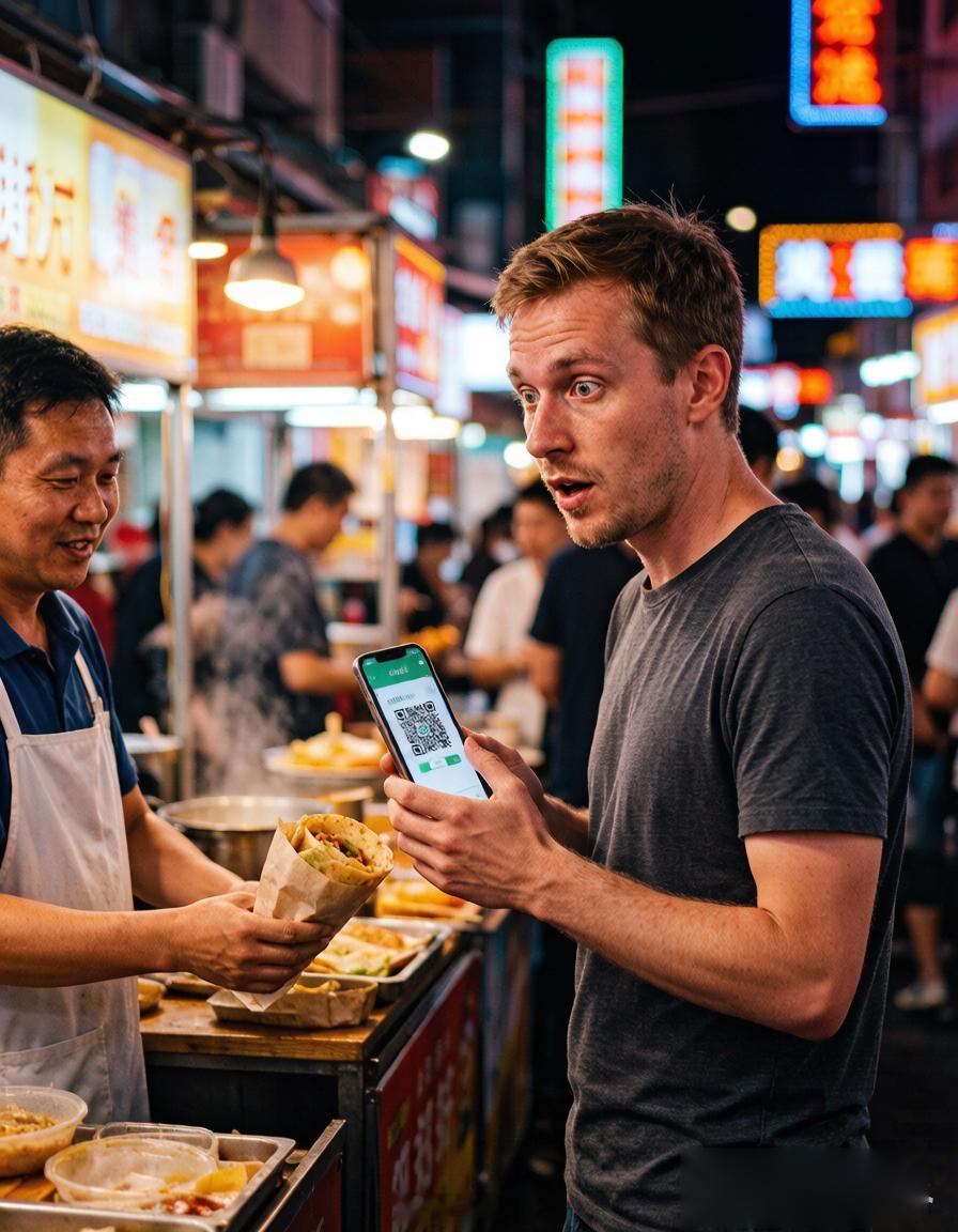 我有个外国朋友来中国玩，晚上带他去逛夜市。他看我掏出手机调出个二维码，摊主“嘀”