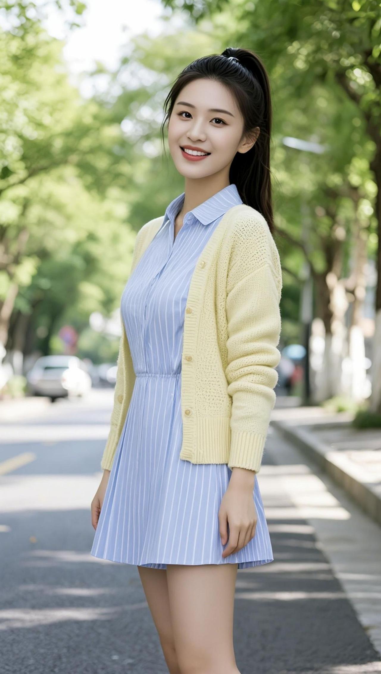 这阳光、这穿搭、这街道，仿佛在说：“今天不做打工人，要做街拍达人！”可惜我手里拿