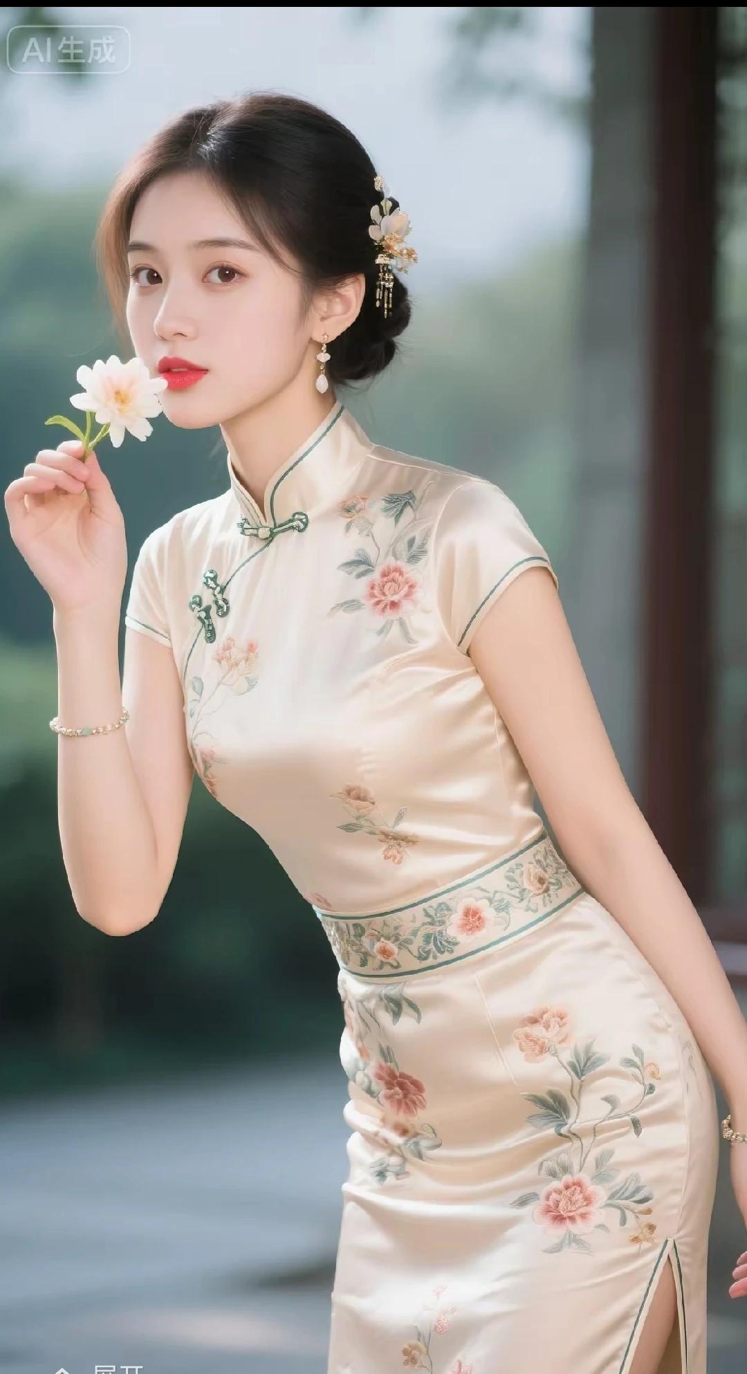 姑娘手拿一枝花，出水芙蓉亦优雅。眉清目秀若冠玉，沉鱼落雁郎君夸。