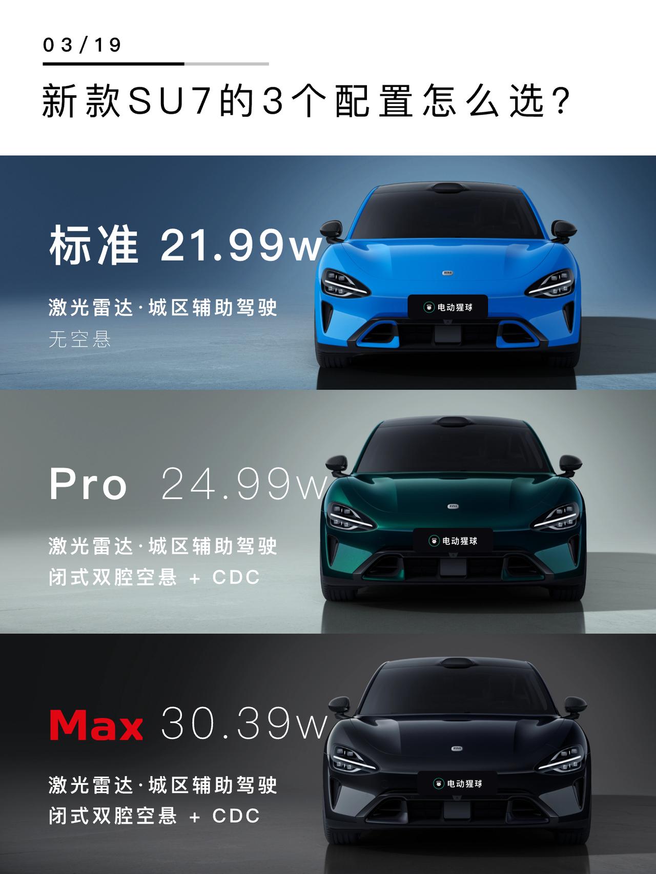 新款小米SU7正式发布，价格微涨，3款配置怎么选？1️⃣标准版提升很大，激光