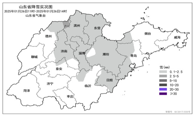 山东11市出现降雪, 最大积雪深度8厘米, 寒潮预警继续发布