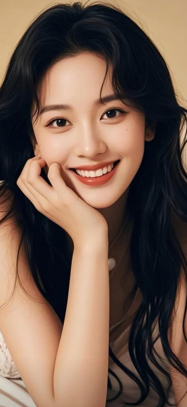 甜美笑容，黑发飘逸，元气满满的一天！😊✨