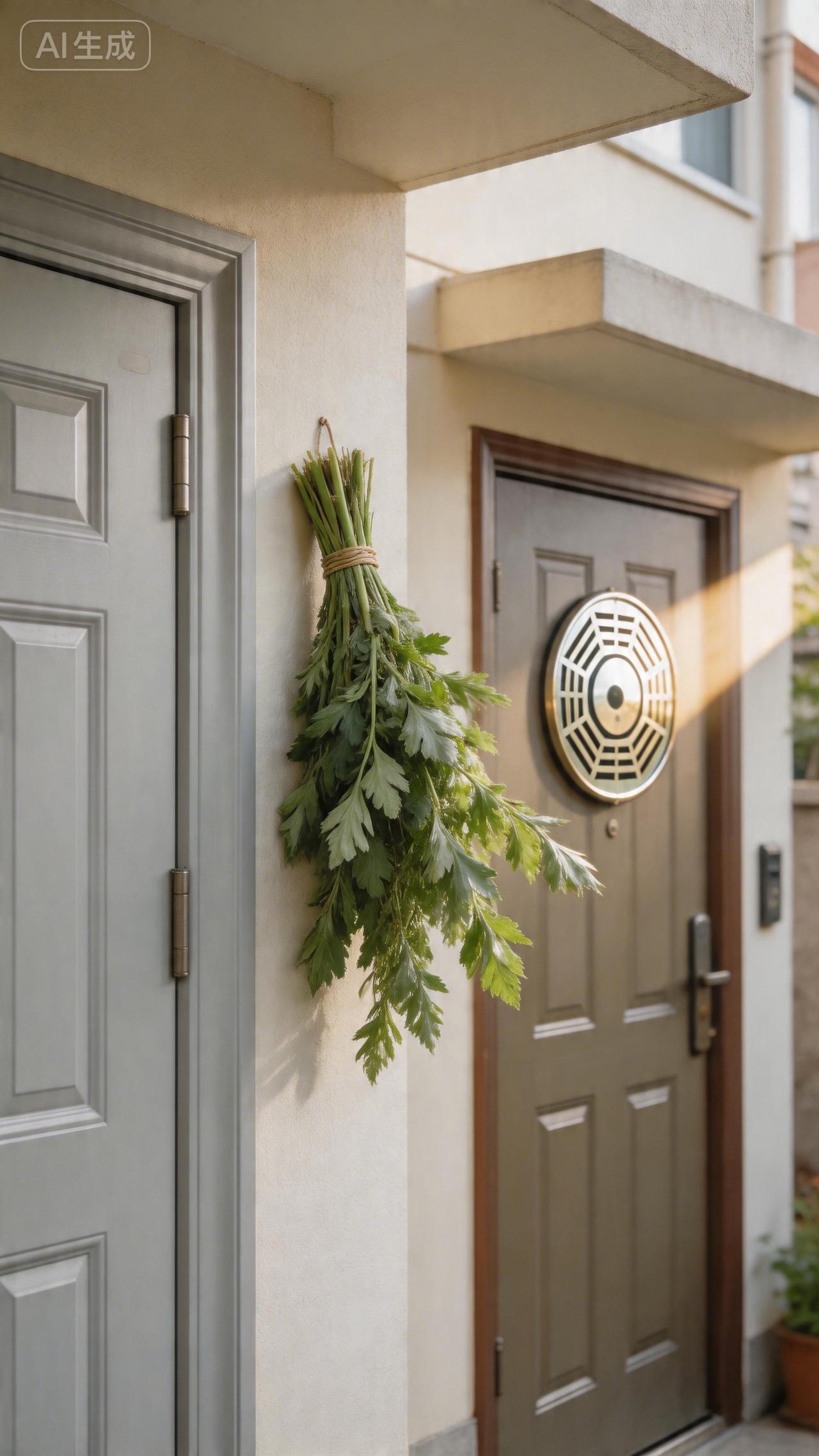 如果邻居挂了镜子——老话说，镜子反射煞气。你可以在自家门口挂一把艾草，或者挂个中