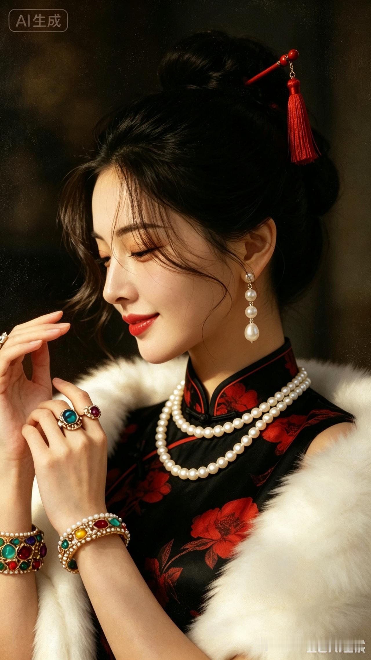 《旗袍珍珠展芳华，八句诗颂东方韵》八句韵诗：一袭旗袍绣繁花，玉颈珍珠映落霞