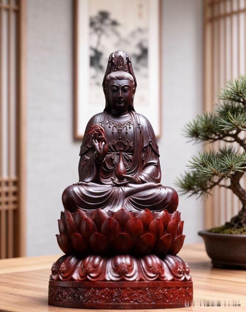 有些安静，不是没有声音，而是心慢慢落下来。小叶紫檀的温润底色，让这尊观音更