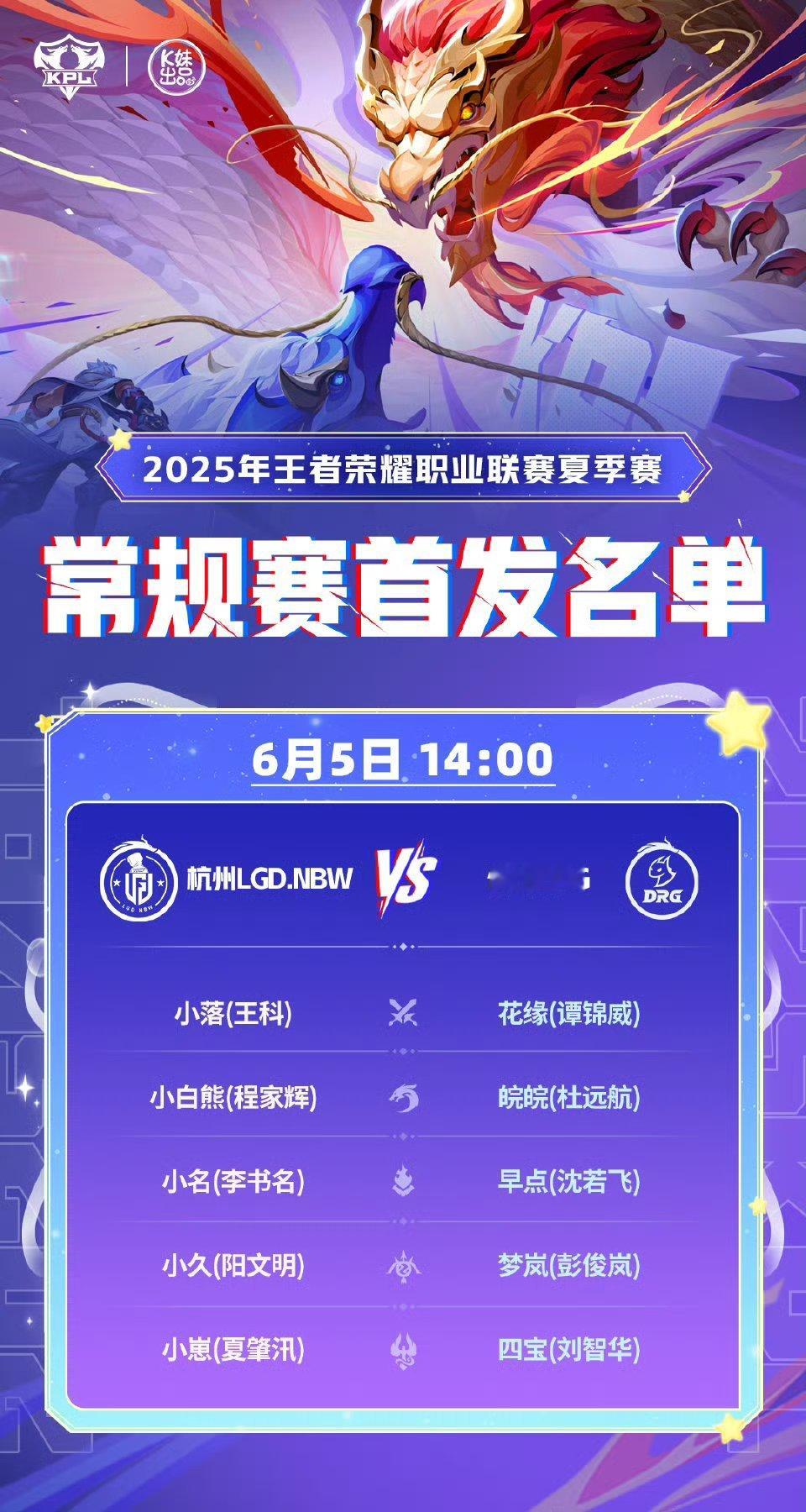 2025KPL夏季赛今日首发名单​​​