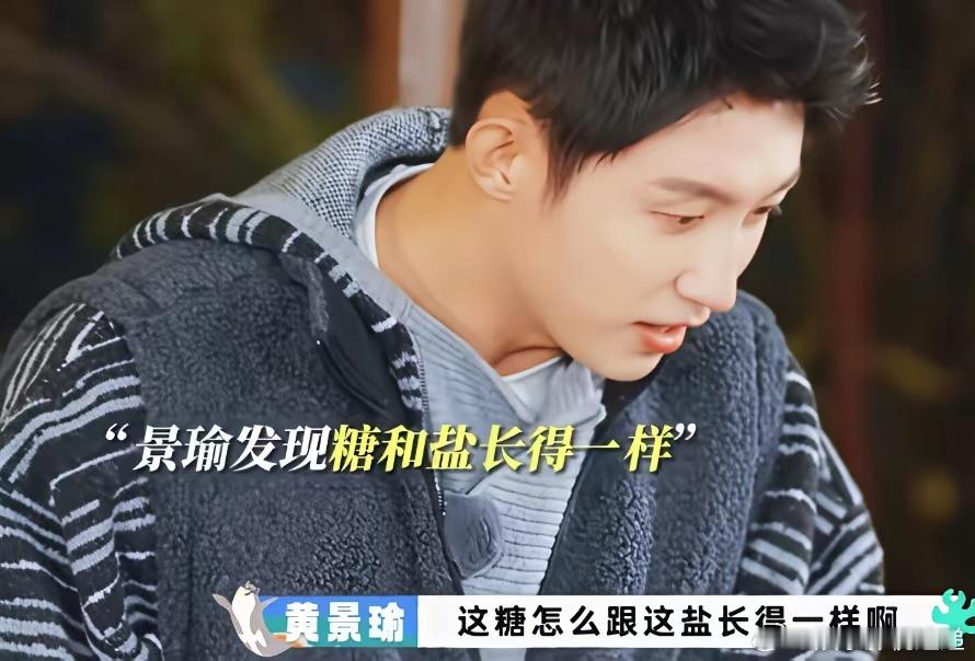 黄景瑜发现盐跟糖长得一样，陈哲远让他闻一下，黄景瑜：“这糖怎么跟这盐长得一样啊”