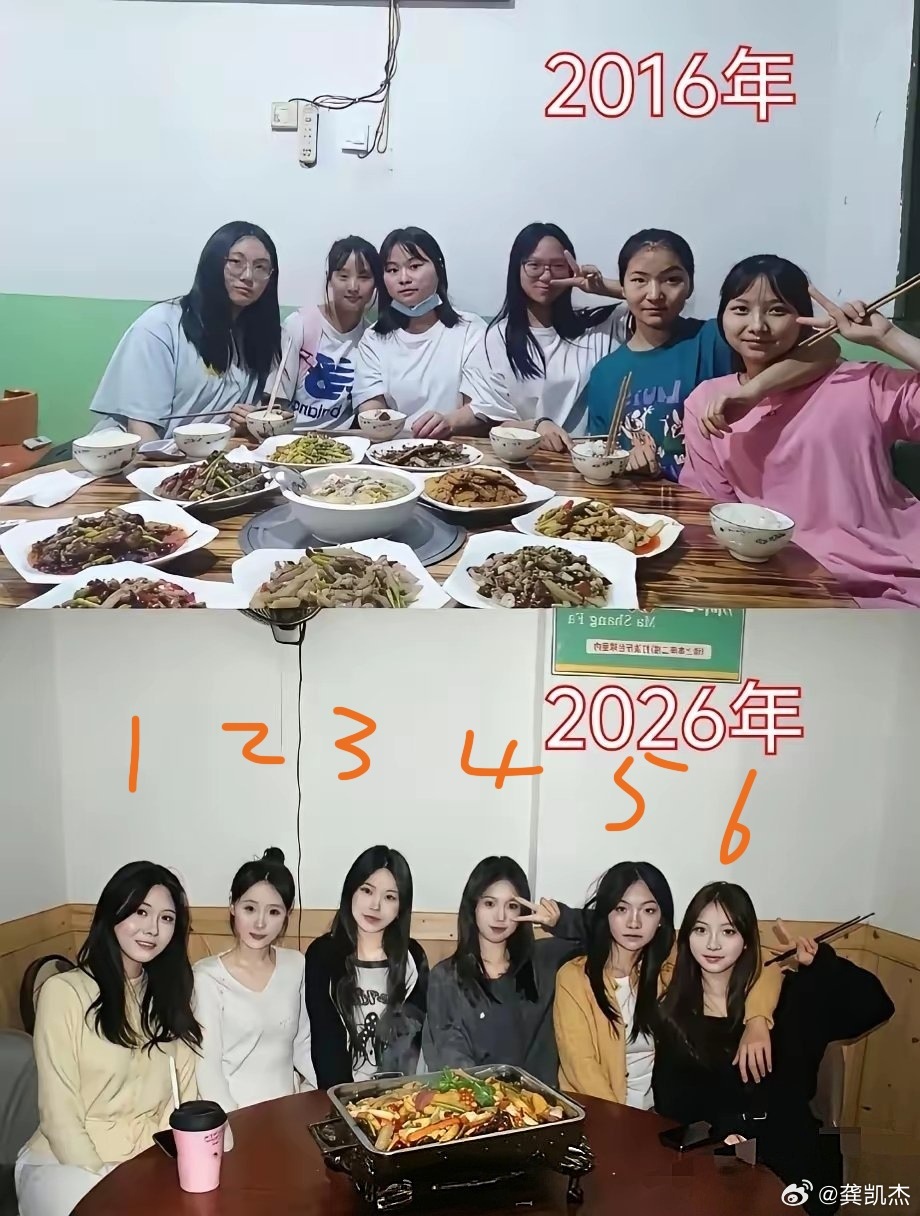 虽然十年的初中友情还在，但当年青涩普通的模样已经不在了。你们觉得她们六个人按颜值