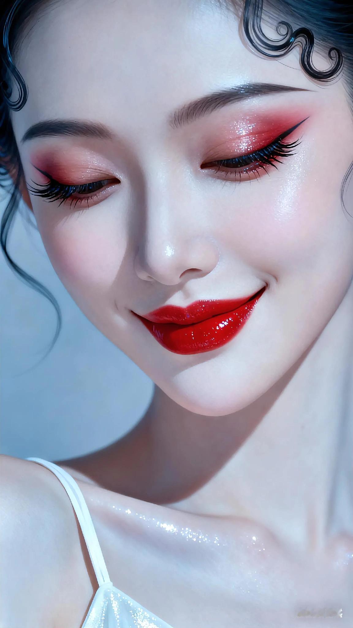 梦幻红唇，温柔眼妆，少女心满满！💋👀这个妆化得咋样？复古红唇妆容贵气