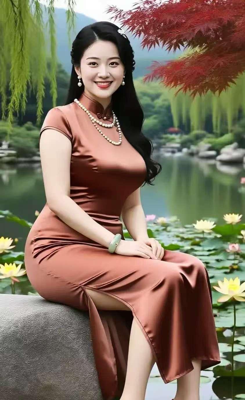 荷塘旗袍佳人绛袍垂发映荷塘，玉面娇容带笑芳。微胖身姿添韵致，秋光红叶梦悠