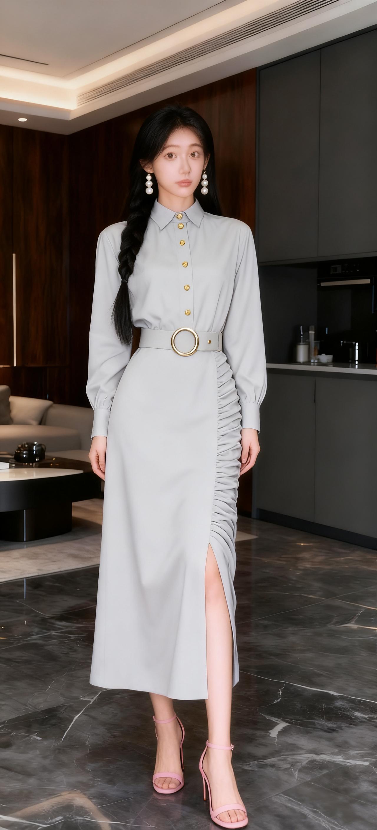 她穿浅灰色衬衫式长裙，金扣门襟配圆环腰带，侧边褶皱开叉设计，搭粉色细高跟与珍珠耳