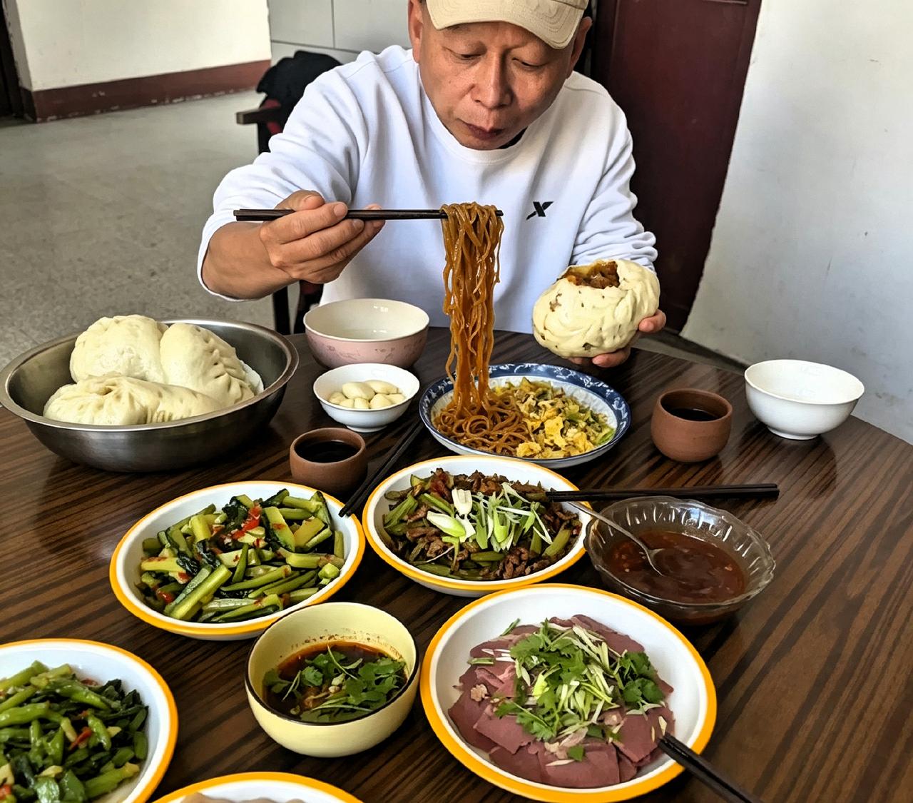 回运城老家，李明就馋这口家常饭！大包子夹菜蘸满辣酱，再咬口大蒜，真叫一个美飒了！