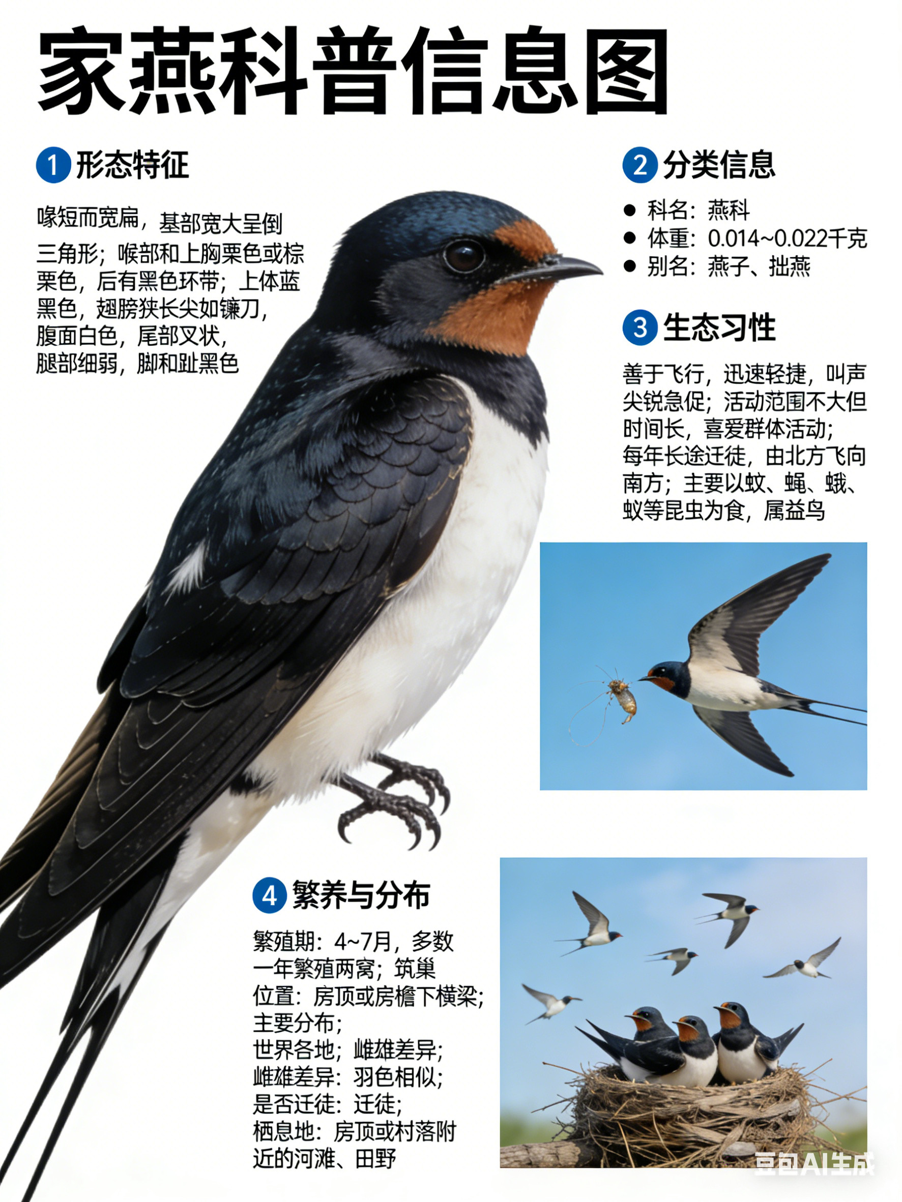 鸟类朋友图鉴家燕科名：燕科体重：0.014～0.022千克别名：燕子、拙燕家燕