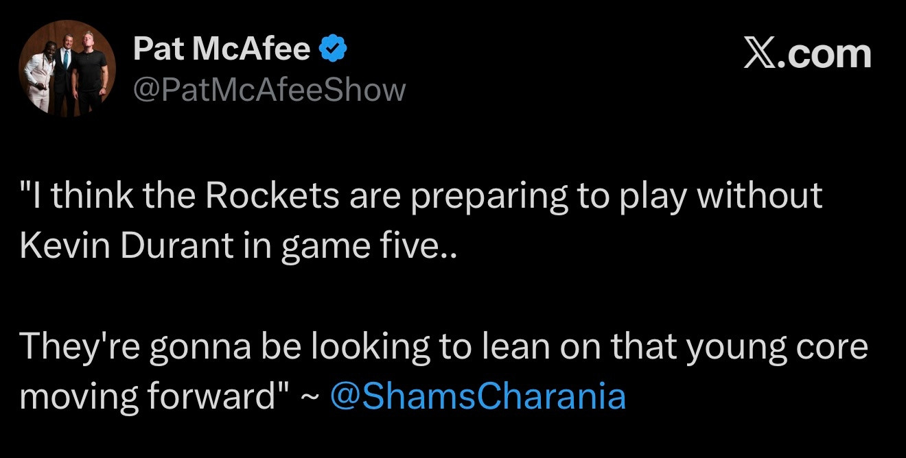 Shams：“我认为火箭正在为G5没有杜兰特而做准备，接下来他们会更依赖那套年轻