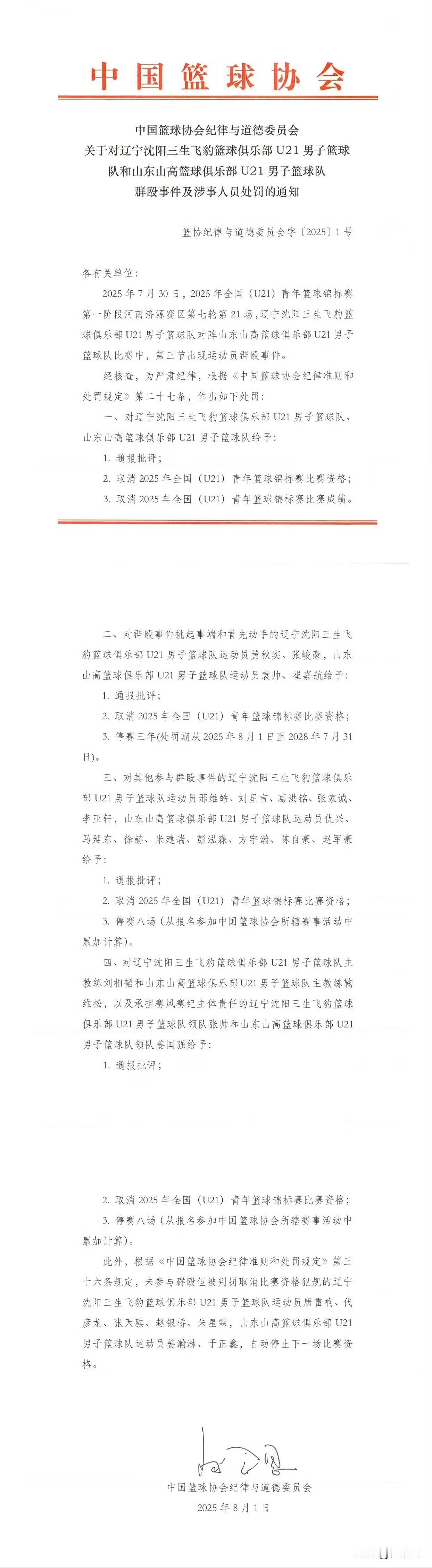 辽鲁U21事件处罚决定正式公布，四名队员停赛三年，山东男篮积极表态。
