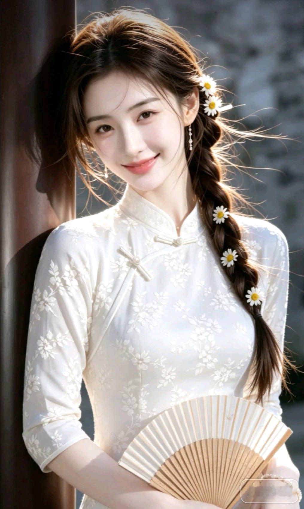 古典美人，手持团扇，花间微笑，韵味十足。