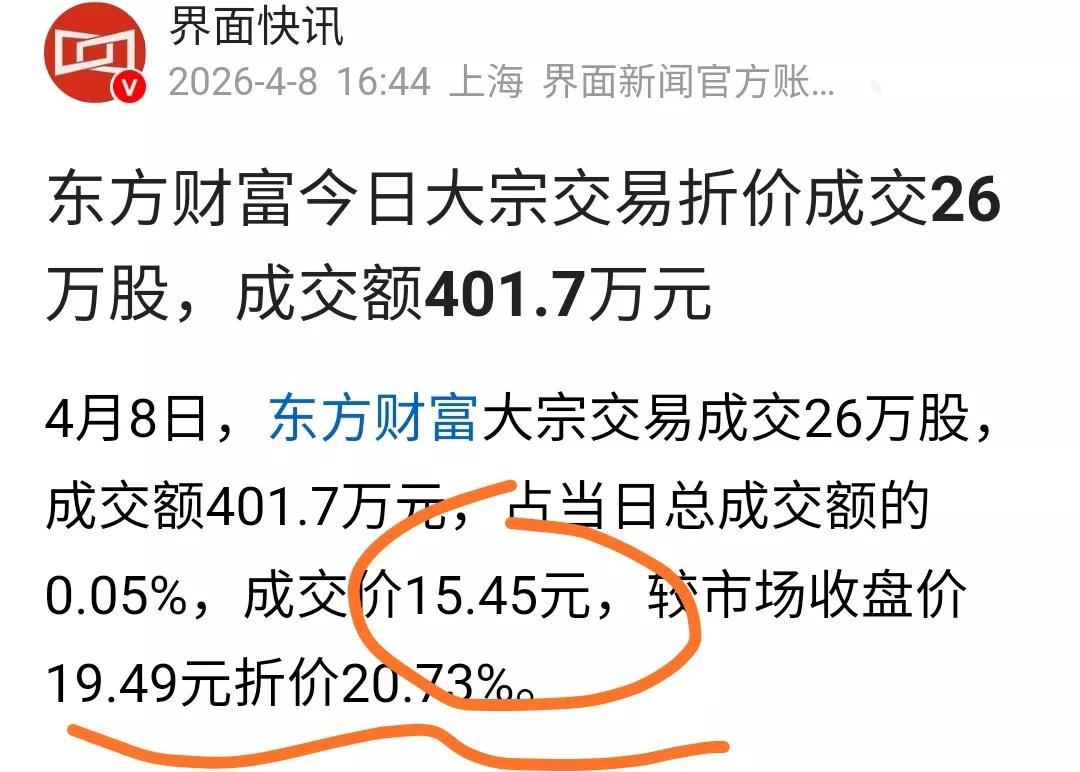 今天东方财富又出大宗交易折价20%左右，一涨就有人急着出，能不能不要那么急，涨高